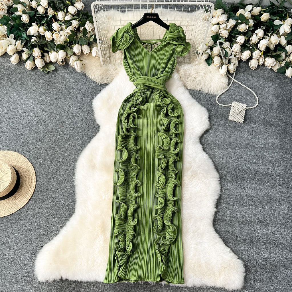 Mireille | Womens Wedding Guest Dress Pleated Ruffle Evening Maxi Dress