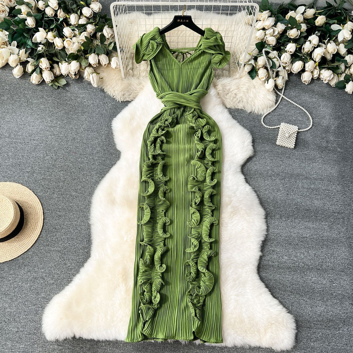 Mireille | Womens Wedding Guest Dress Pleated Ruffle Evening Maxi Dress