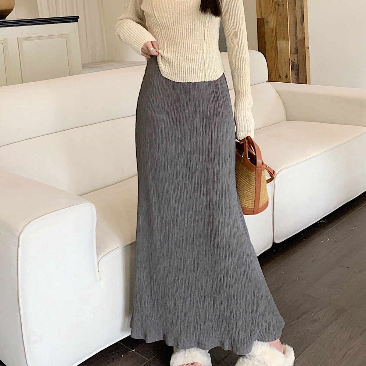 Thaddeus | Womens Pleated Skirt A Line Fishtail High Waisted Long Skirt