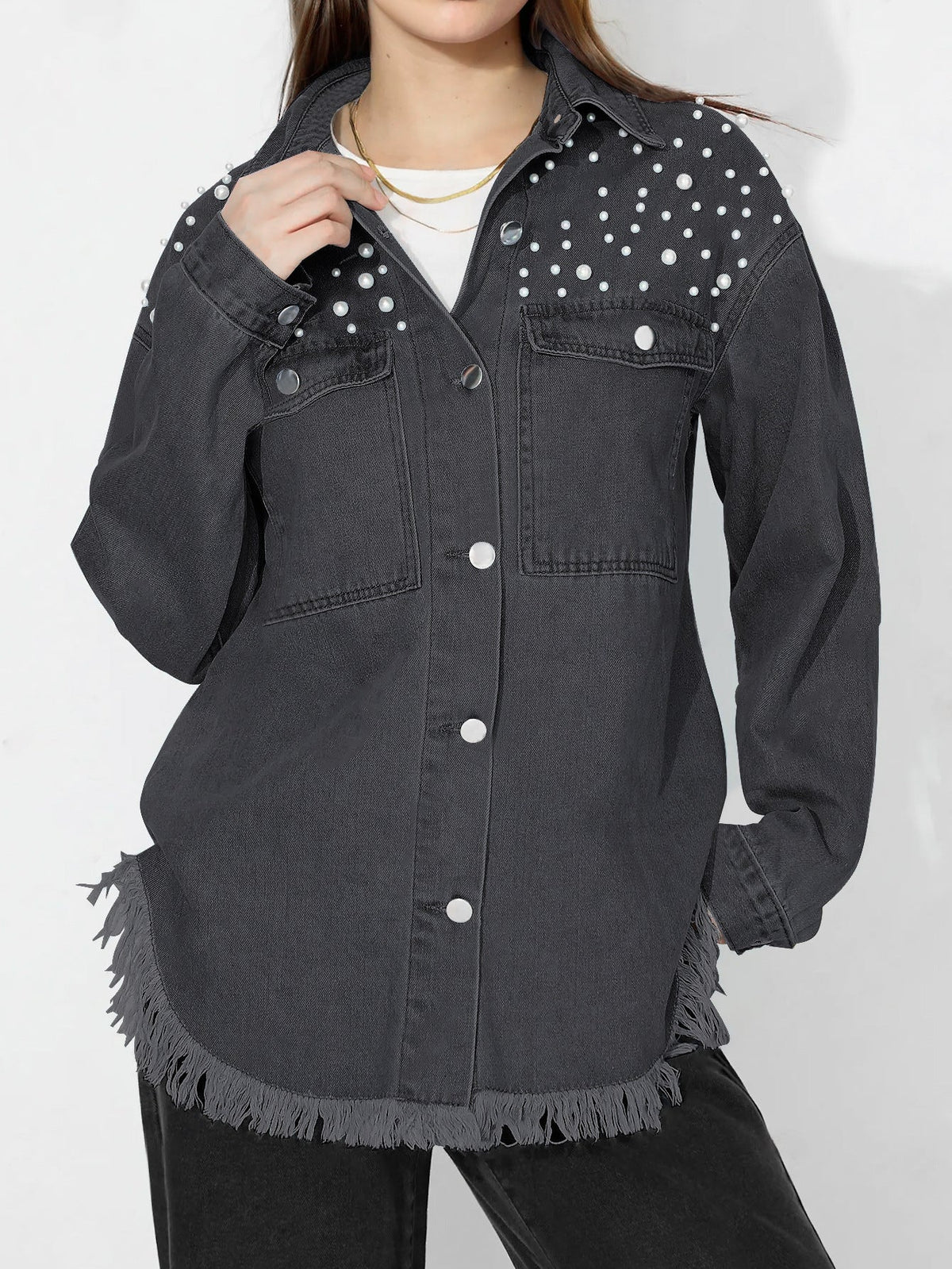 Eleanor | Womens Oversized Beaded Frayed Denim Jacket