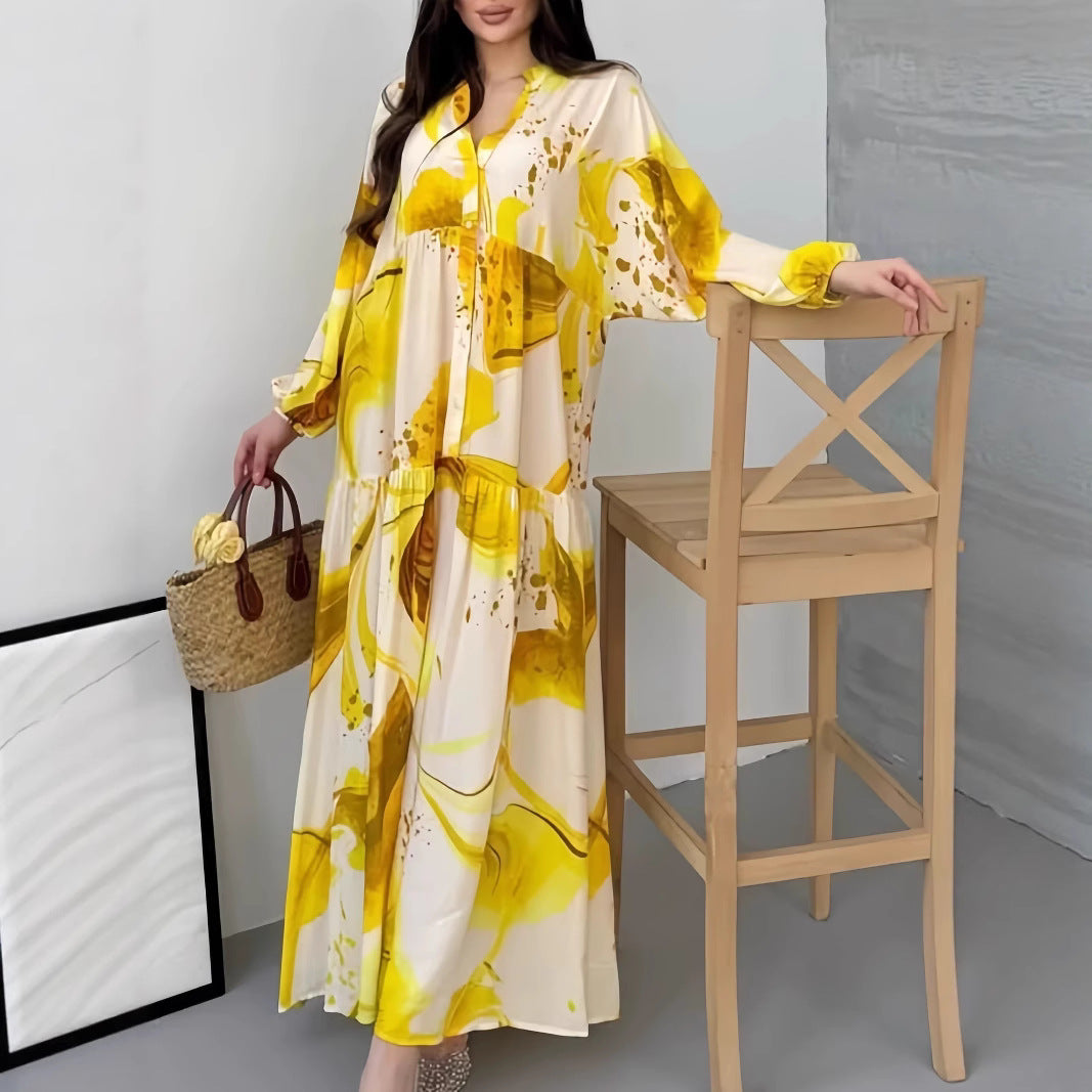 Ulric | Womens Dress Printed Long Sleeve V Neck Loose Maxi Dress