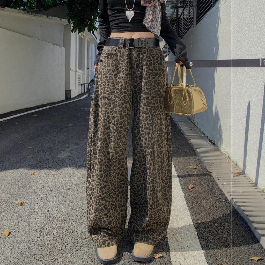 Greta | Womens High Waisted Jeans Leopard Print Straight Leg Slim Denim