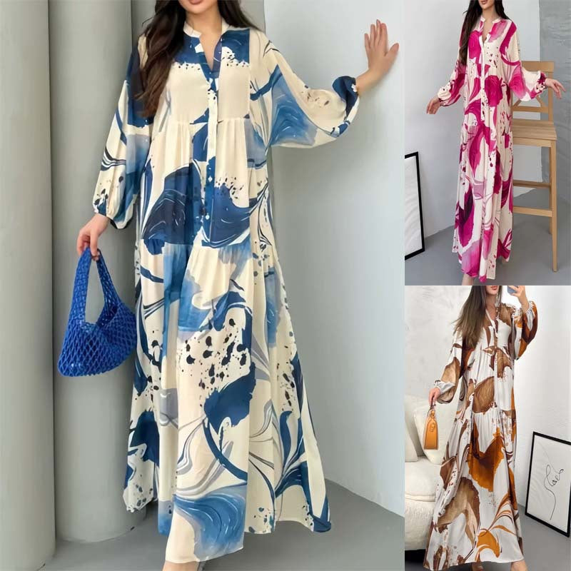 Ulric | Womens Dress Printed Long Sleeve V Neck Loose Maxi Dress