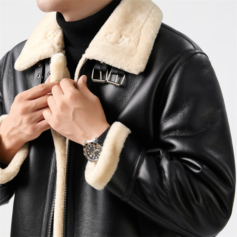 Marius | Mens Leather Shearling Biker Aviator Flight Lined Jacket - 4