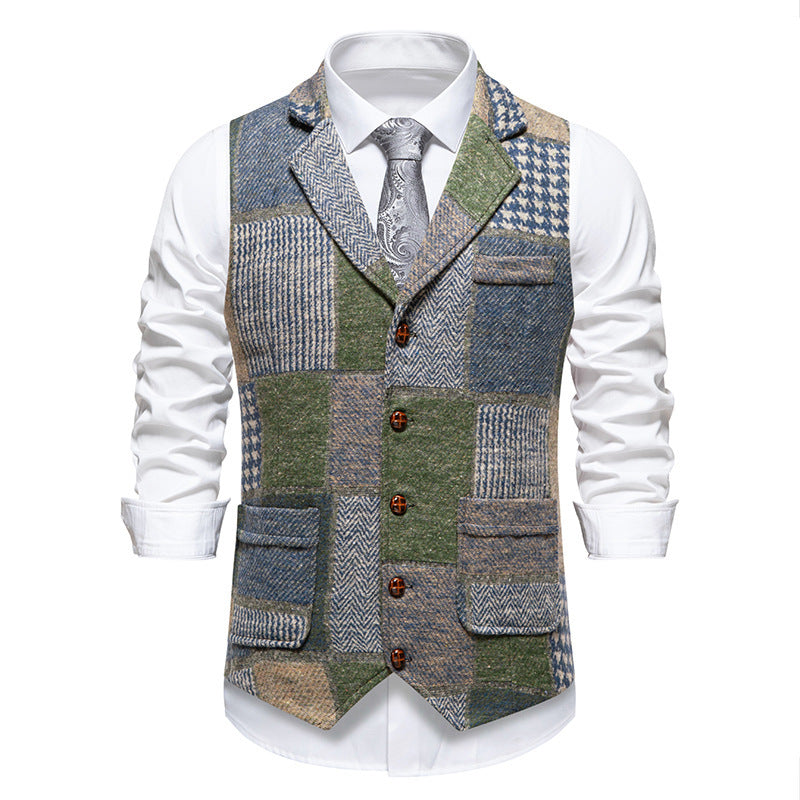 Abel | Mens Vintage Retro Single Breasted Party Vest - Blue Grid