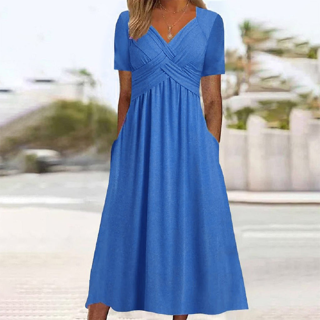 Adaline | Womens Short Sleeve Wrap Waist Long Maxi Wedding Guest Summer Dresses - Blue