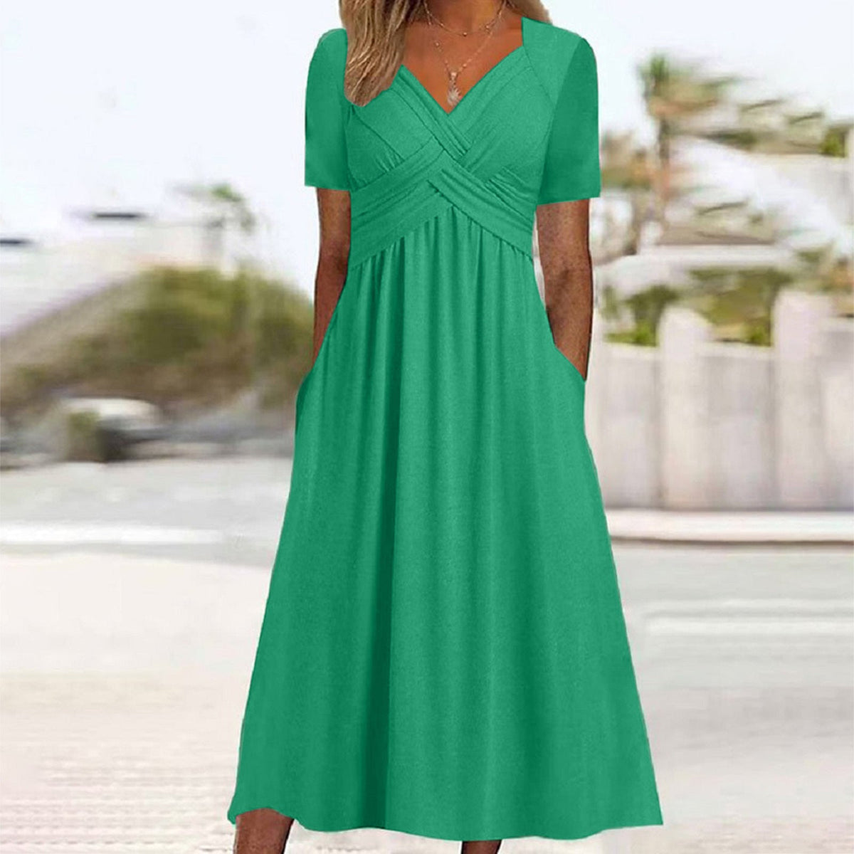 Adaline | Womens Short Sleeve Wrap Waist Long Maxi Wedding Guest Summer Dresses - Green