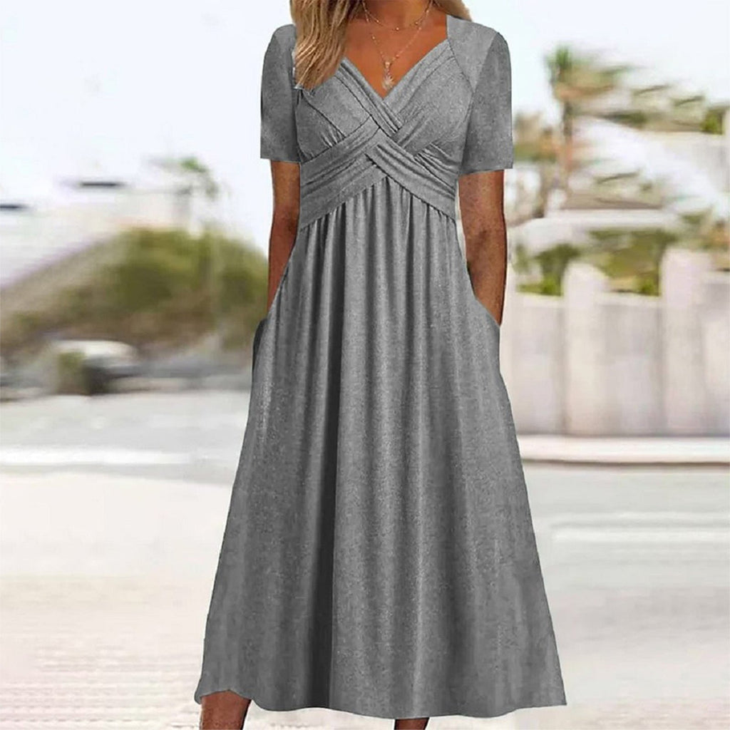Adaline | Womens Short Sleeve Wrap Waist Long Maxi Wedding Guest Summer Dresses - Grey