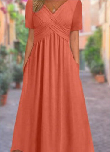 Adaline | Womens Short Sleeve Wrap Waist Long Maxi Wedding Guest Summer Dresses - Orange