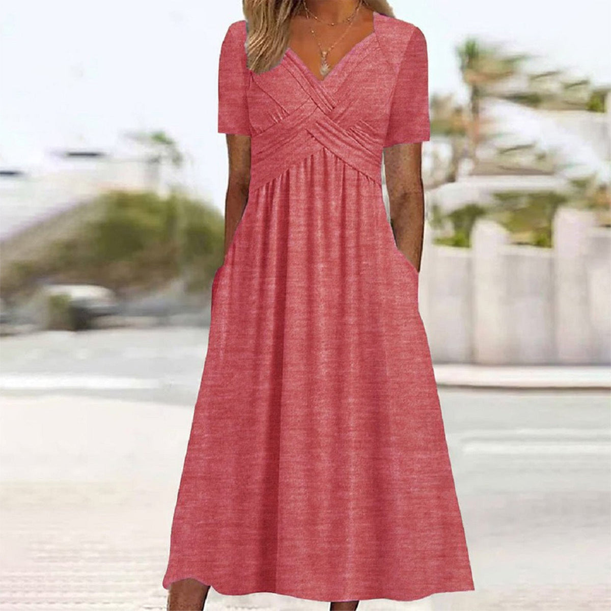 Adaline | Womens Short Sleeve Wrap Waist Long Maxi Wedding Guest Summer Dresses - Watermelon Red