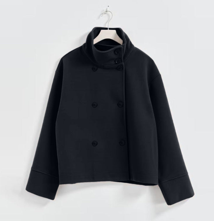 Adelaide | Womens Stand Collar Wool Blend Jacket - Black Double Breasted