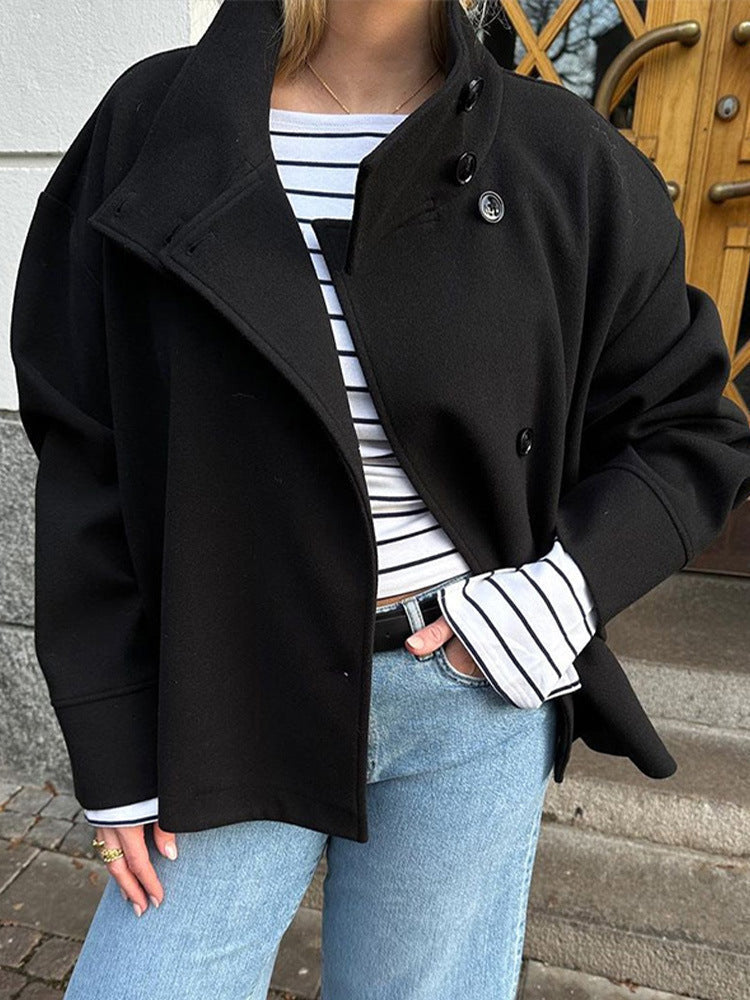 Adelaide | Womens Stand Collar Wool Blend Jacket - Black Single Breasted