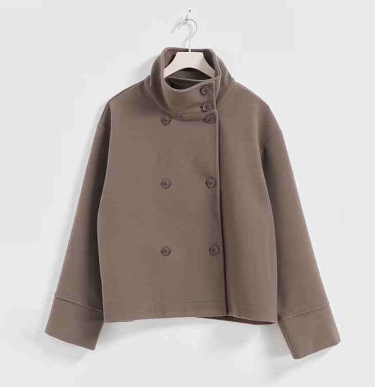 Adelaide | Womens Stand Collar Wool Blend Jacket - Brown Double Breasted