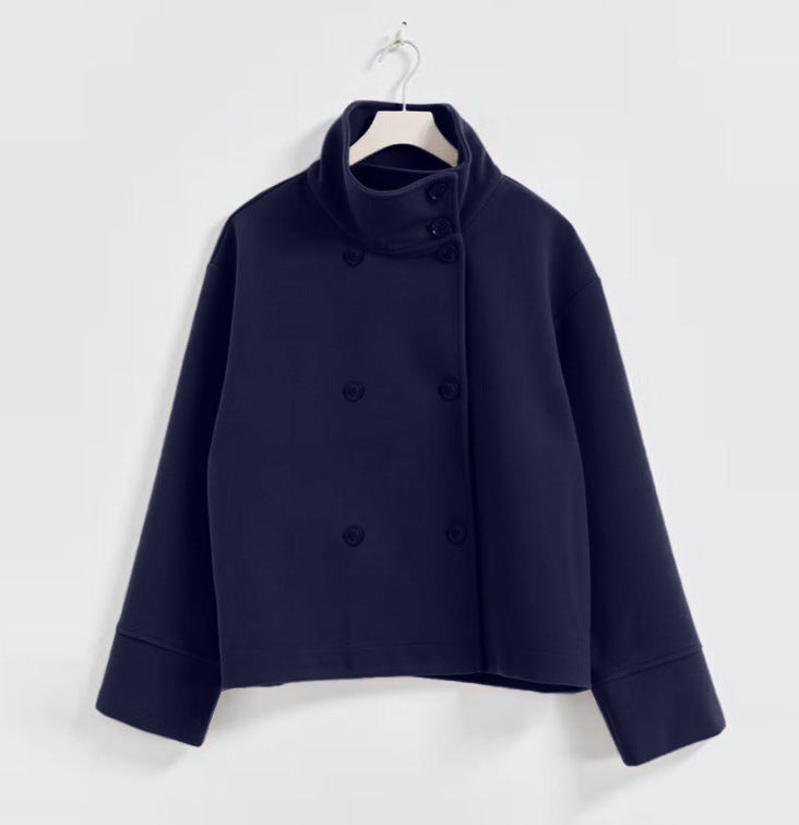 Adelaide | Womens Stand Collar Wool Blend Jacket - Dark Blue Double Breasted