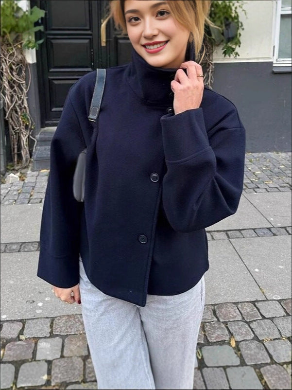 Adelaide | Womens Stand Collar Wool Blend Jacket - Dark Blue Single Breasted