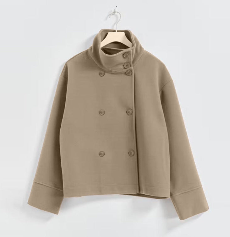 Adelaide | Womens Stand Collar Wool Blend Jacket - Khaki Double Breasted
