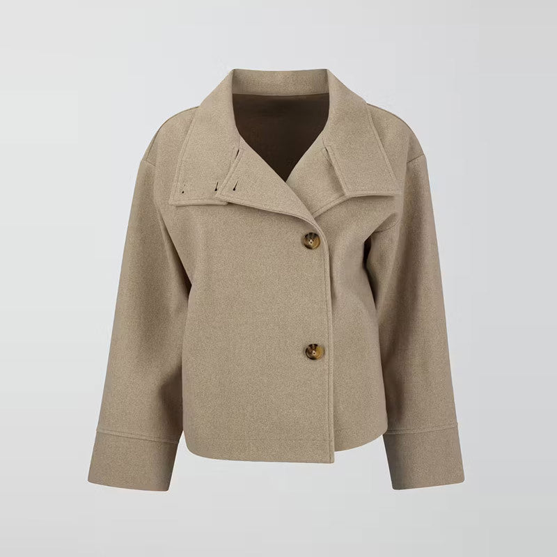 Adelaide | Womens Stand Collar Wool Blend Jacket - Khaki Single Breasted