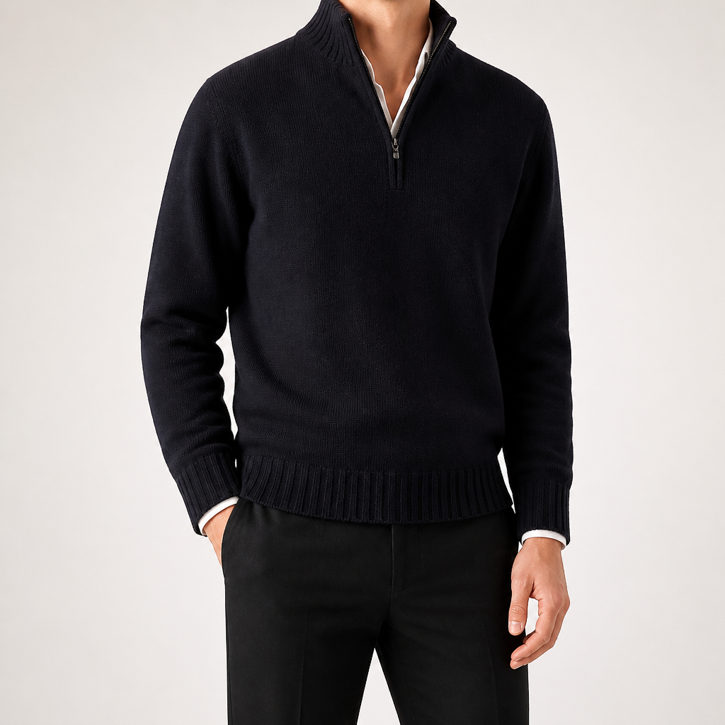 Alaric | Mens Wool Knitted Jumper Zip Collar Knit Sweater, Black