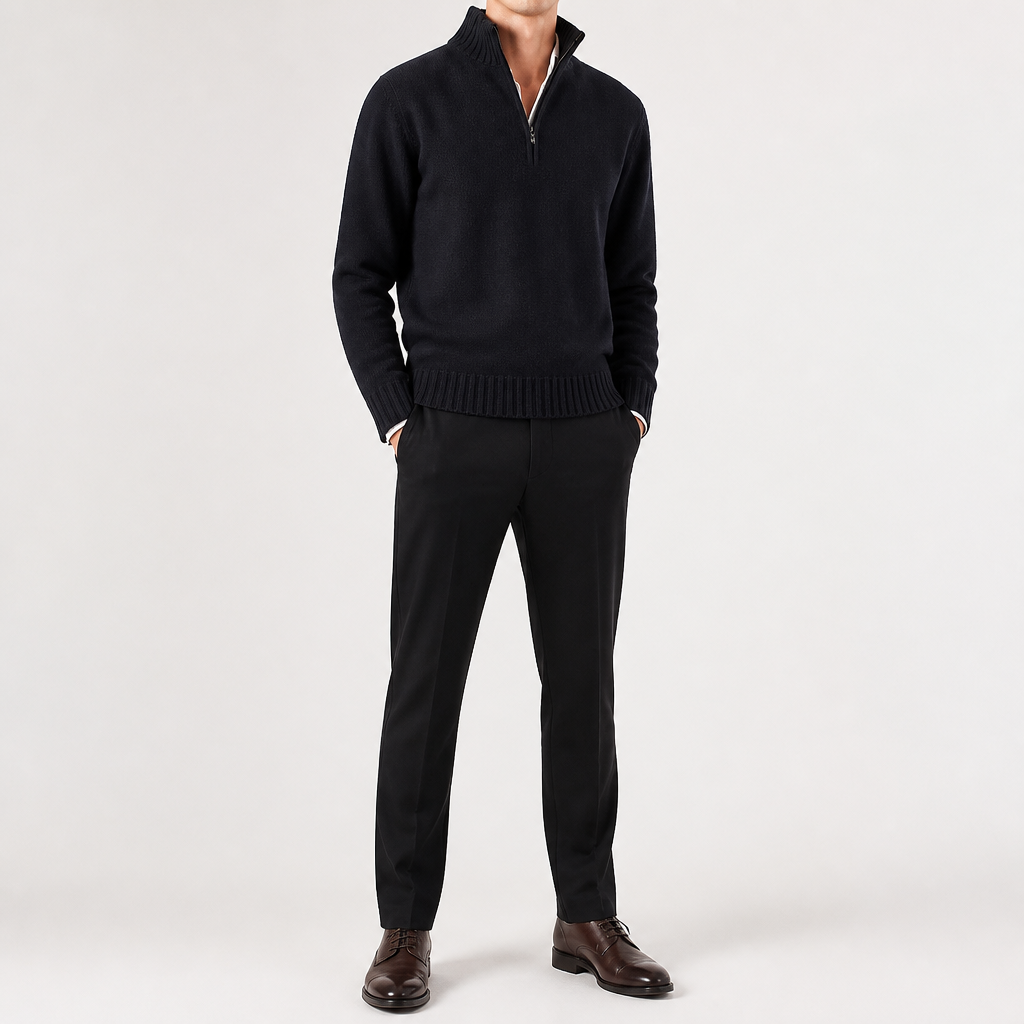 Alaric | Mens Wool Knitted Jumper Zip Collar Knit Sweater, Black