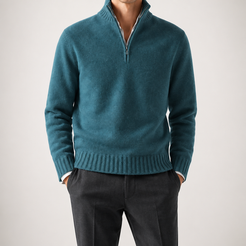Alaric | Mens Wool Knitted Jumper Zip Collar Knit Sweater, Blue