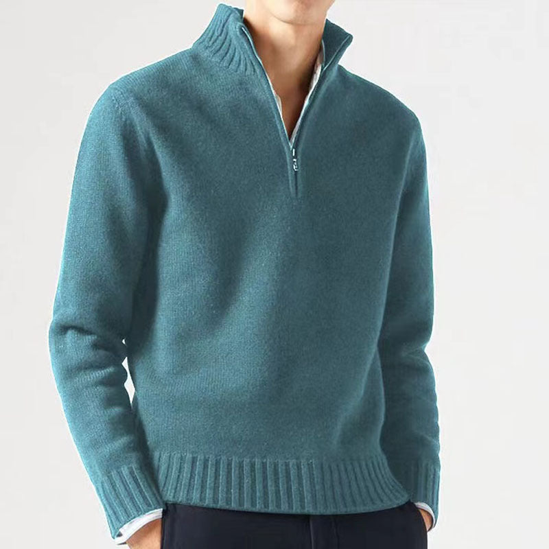 Alaric | Mens Zip Collar Wool Knitted Jumper - Blue