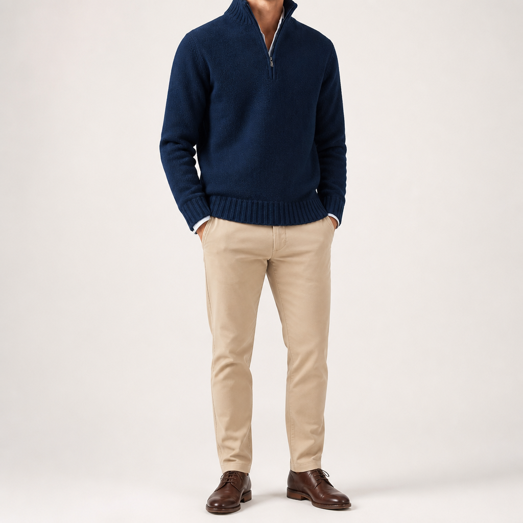 Alaric | Mens Wool Knitted Jumper Zip Collar Knit Sweater, Dark Blue
