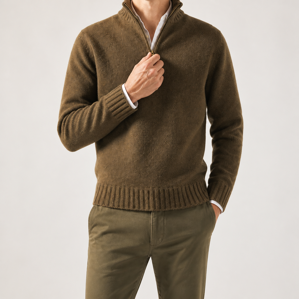 Alaric | Mens Wool Knitted Jumper Zip Collar Knit Sweater, Dark Brown