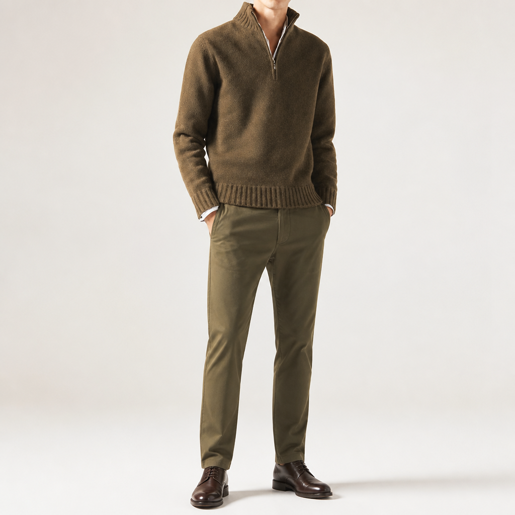 Alaric | Mens Wool Knitted Jumper Zip Collar Knit Sweater, Dark Brown