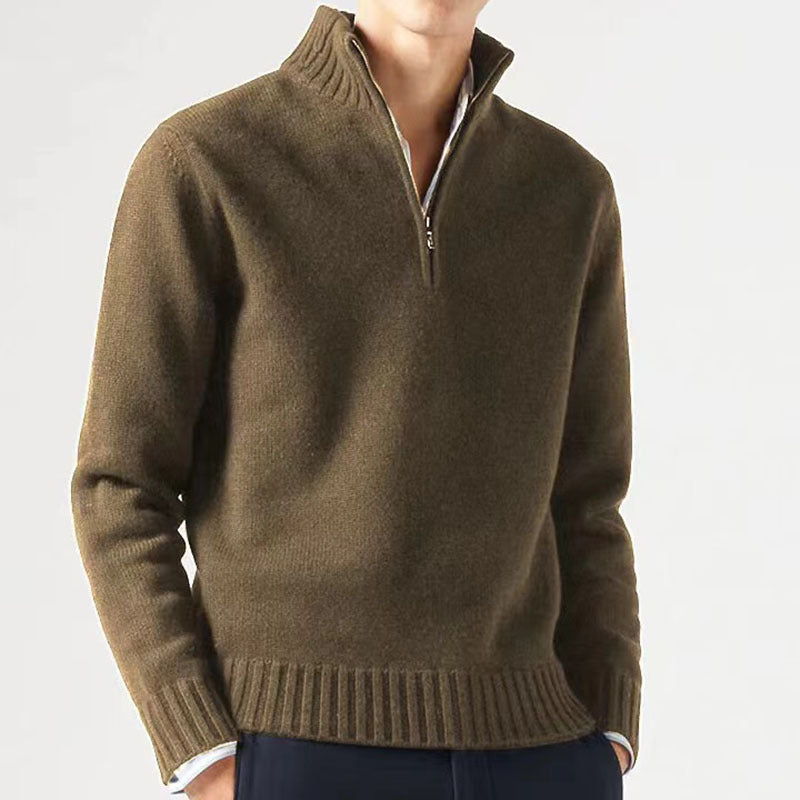 Alaric | Mens Zip Collar Wool Knitted Jumper - Dark Brown