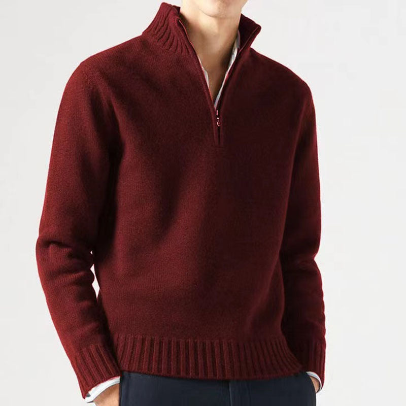 Alaric | Mens Zip Collar Wool Knitted Jumper - Deep Red