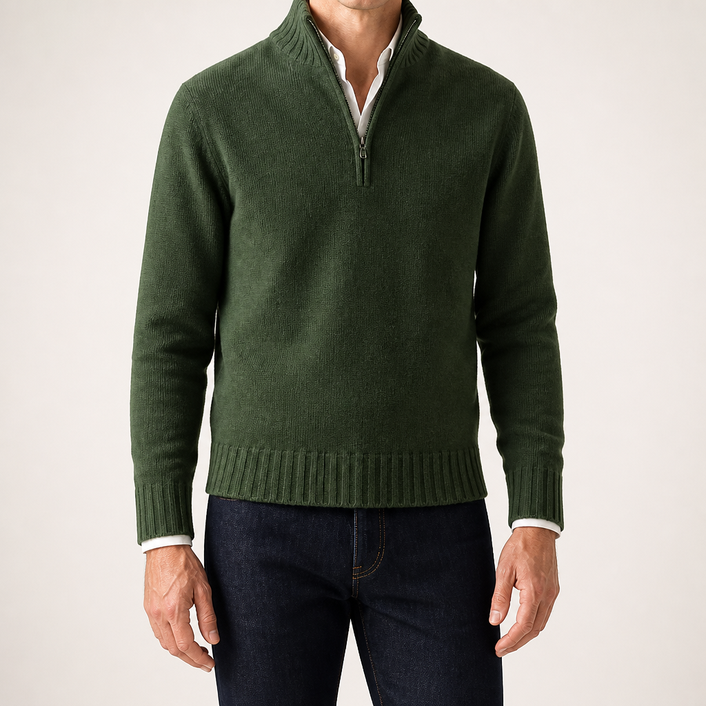 Alaric | Mens Wool Knitted Jumper Zip Collar Knit Sweater, Green