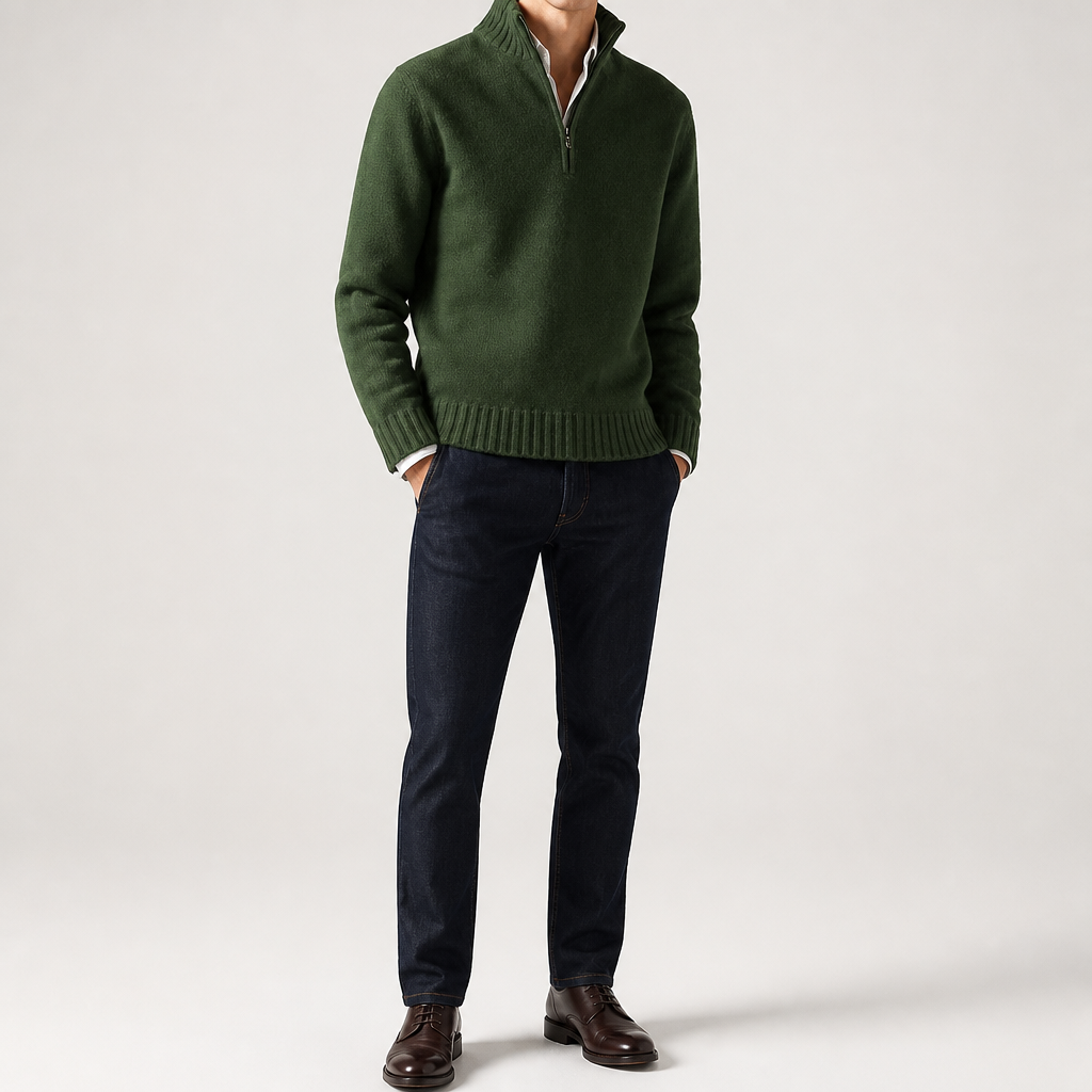 Alaric | Mens Wool Knitted Jumper Zip Collar Knit Sweater, Green