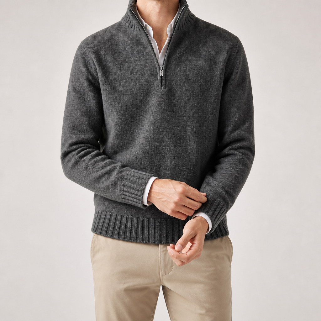 Alaric | Mens Wool Knitted Jumper Zip Collar Knit Sweater, Grey