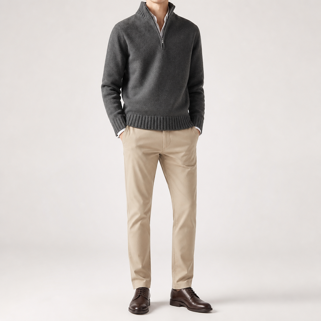 Alaric | Mens Wool Knitted Jumper Zip Collar Knit Sweater, Grey