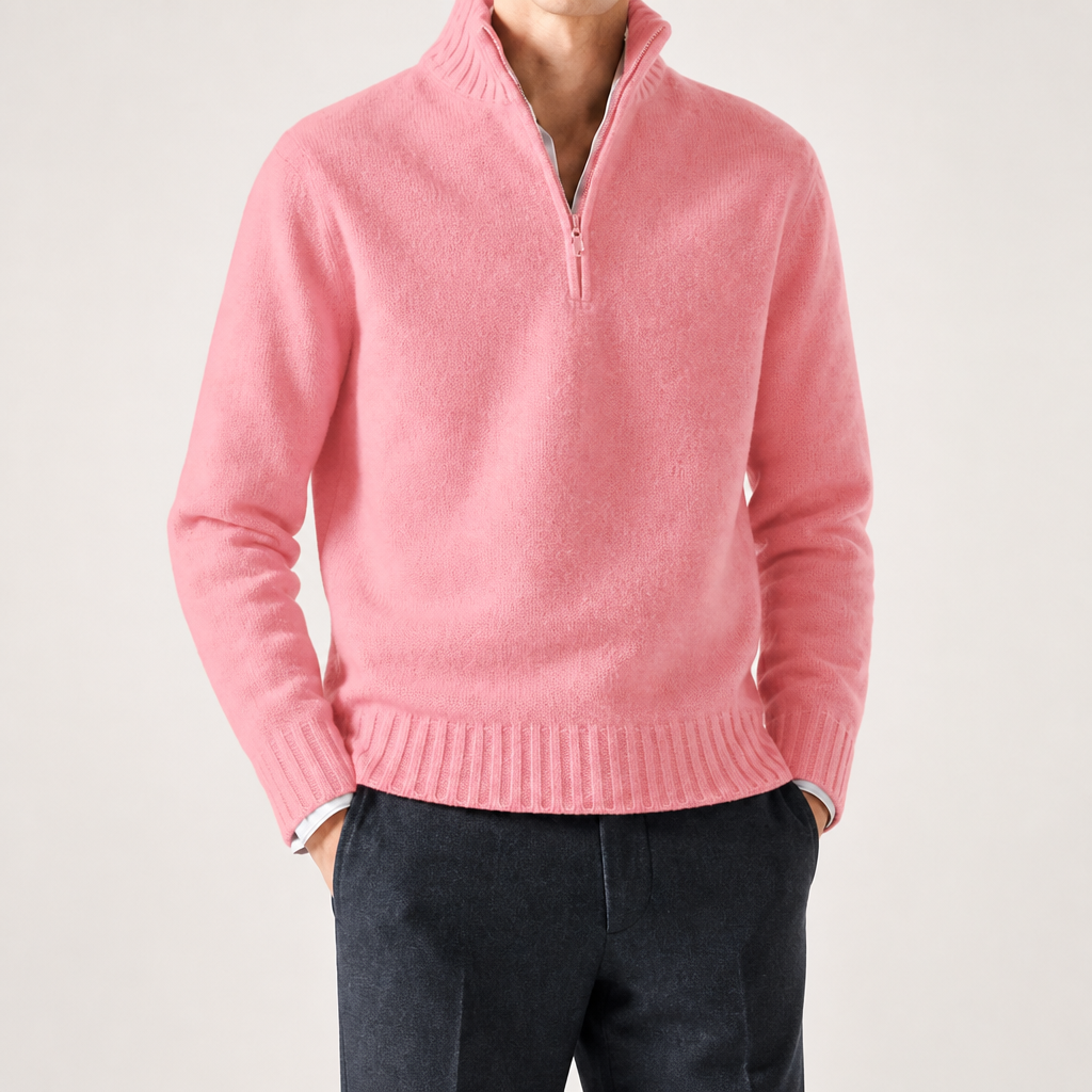 Alaric | Mens Wool Knitted Jumper Zip Collar Knit Sweater, Pink