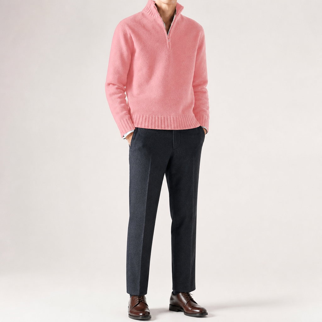 Alaric | Mens Wool Knitted Jumper Zip Collar Knit Sweater, Pink