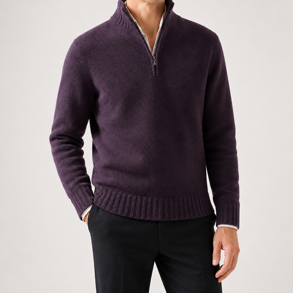 Alaric | Mens Wool Knitted Jumper Zip Collar Knit Sweater, Purple