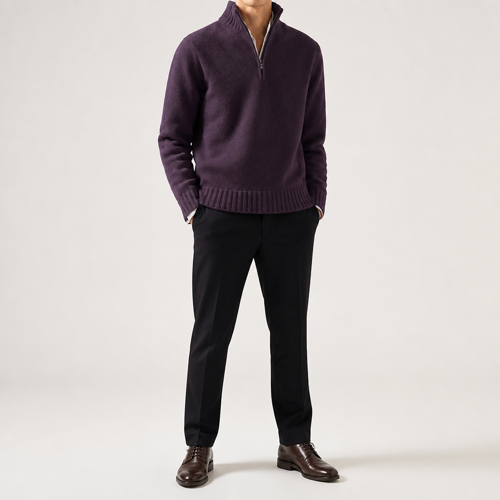 Alaric | Mens Wool Knitted Jumper Zip Collar Knit Sweater, Purple