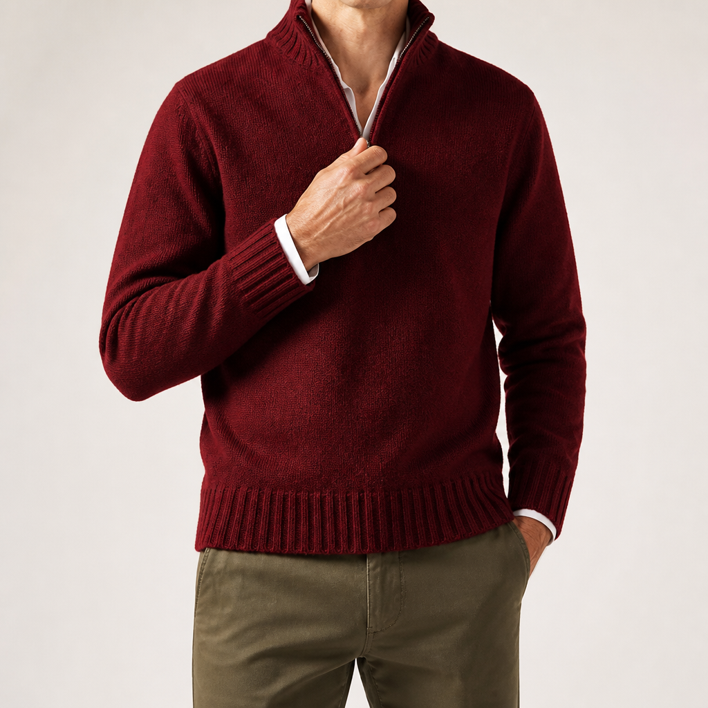 Alaric | Mens Wool Knitted Jumper Zip Collar Knit Sweater, Red