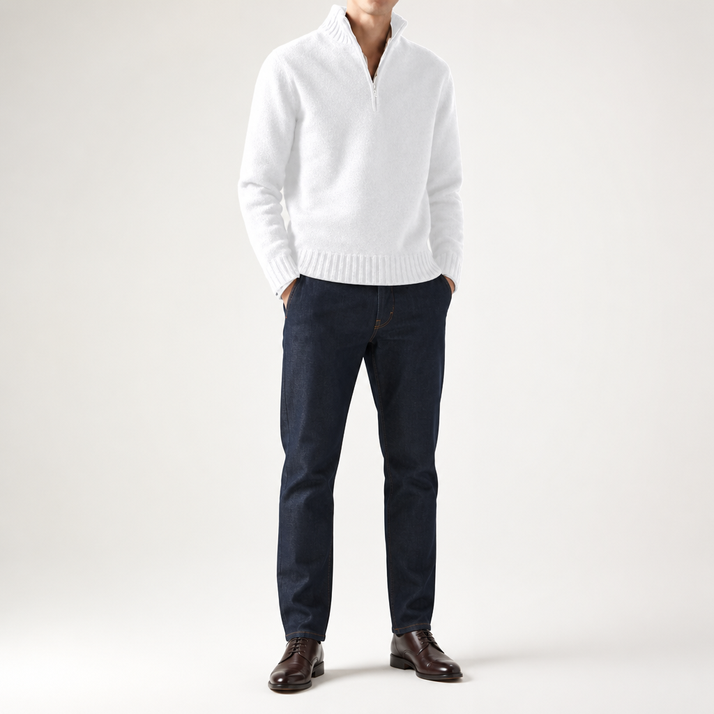 Alaric | Mens Wool Knitted Jumper Zip Collar Knit Sweater, White