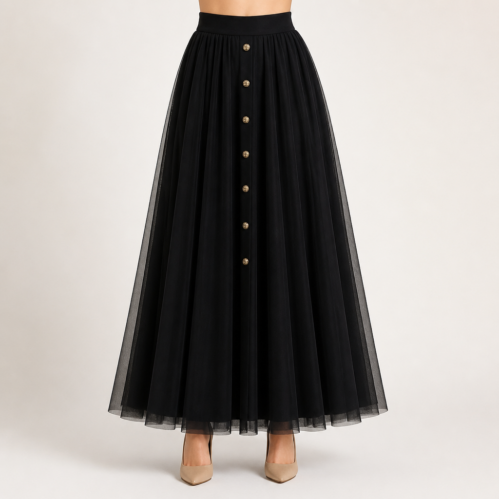 Alaric | Womens Pleated Skirt High Waisted Mesh Midi Skirt, Black