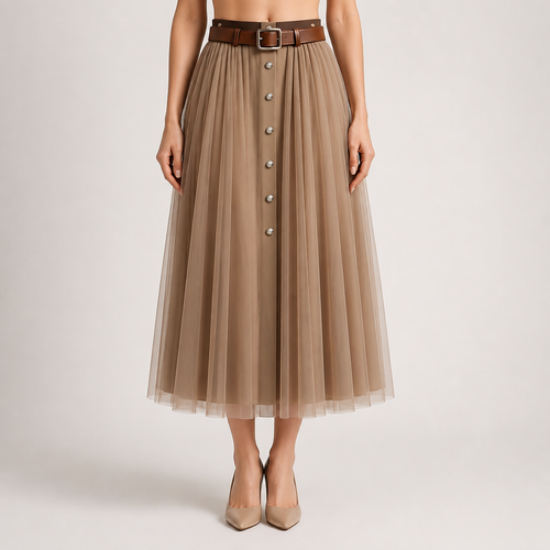 Alaric | Womens Pleated Skirt High Waisted Mesh Midi Skirt, Design 1
