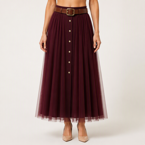 Alaric | Womens Pleated Skirt High Waisted Mesh Midi Skirt, Design 3