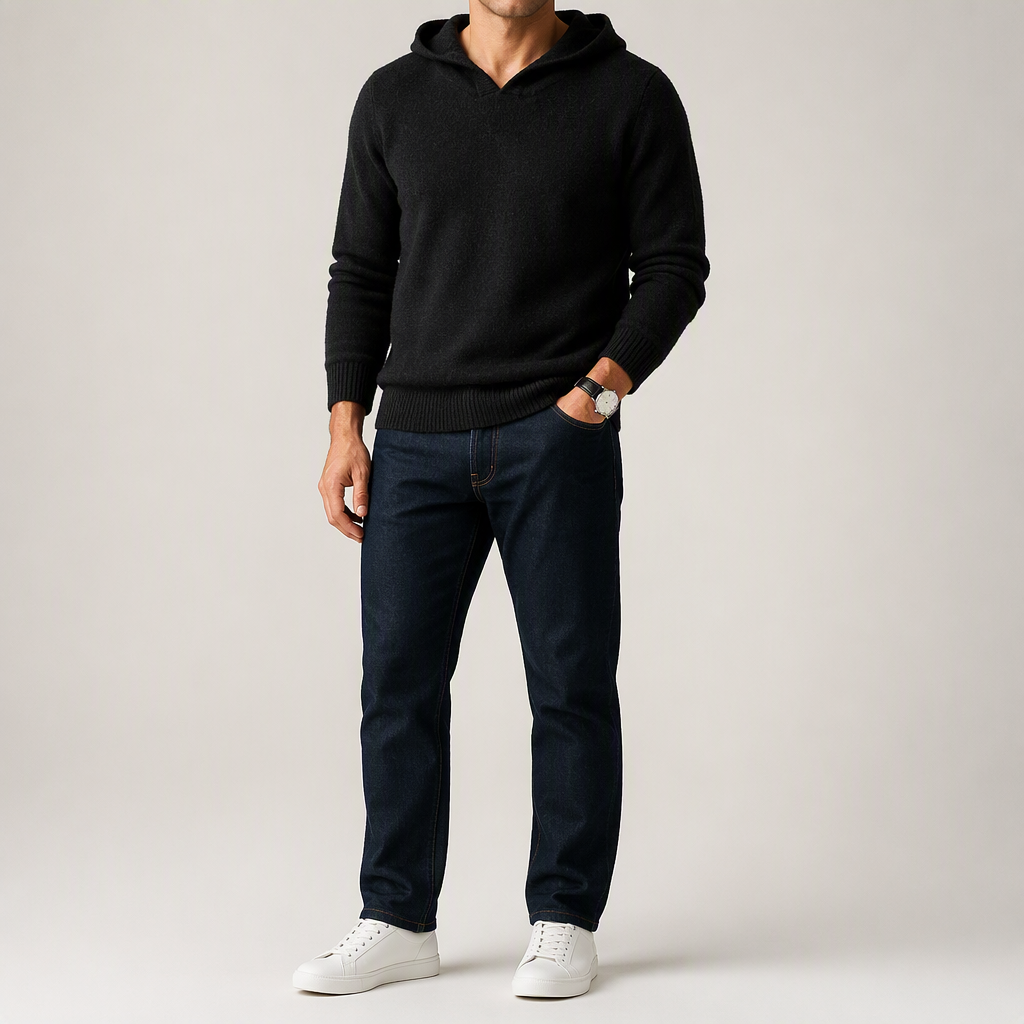 Alden | Mens Cashmere Wool Knitted Hoodie Hooded Jumper, Black