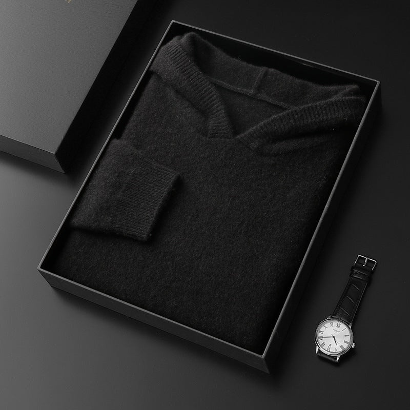 Alden | Mens Cashmere Wool Knitted Hoodie Hooded Jumper - Black