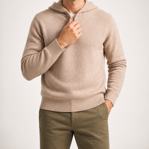 Alden | Mens Cashmere Wool Knitted Hoodie Hooded Jumper, Light Camel