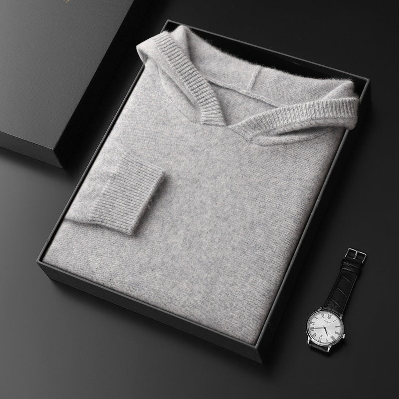 Alden | Mens Cashmere Wool Knitted Hoodie Hooded Jumper - Light Grey