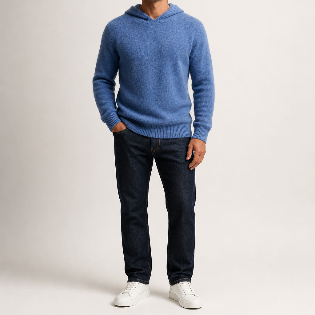 Alden | Mens Cashmere Wool Knitted Hoodie Hooded Jumper, Mist Blue