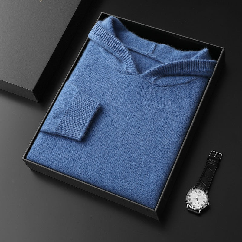 Alden | Mens Cashmere Wool Knitted Hoodie Hooded Jumper - Mist Blue