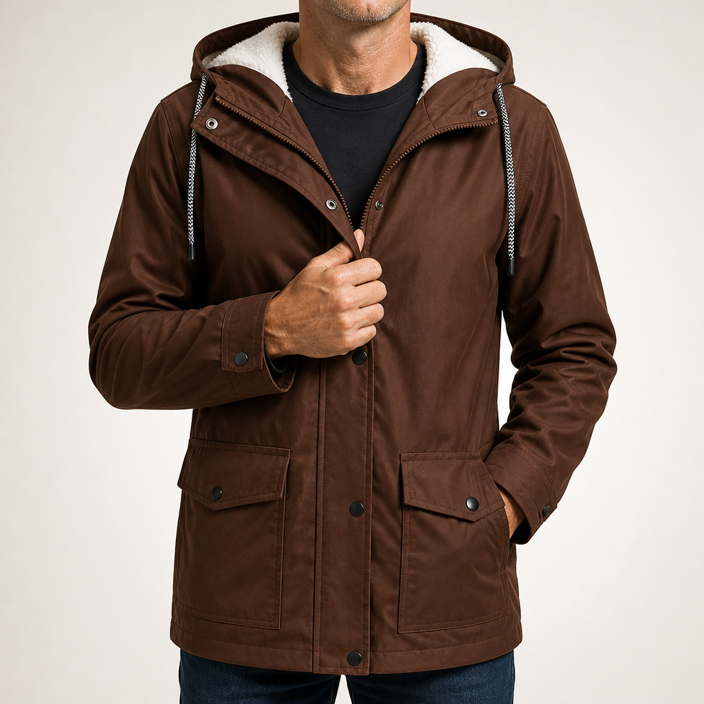 Alden | Mens Waterproof Jacket Fleece Lined Hooded Winter Rain Jacket, Brown